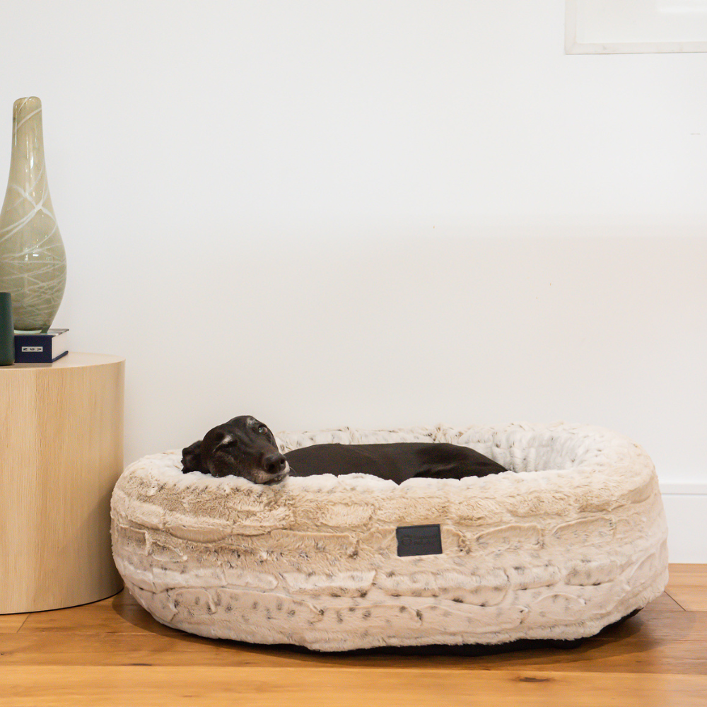 Harley Dog Bed Light Brindle Faux Fur, dog in bed
