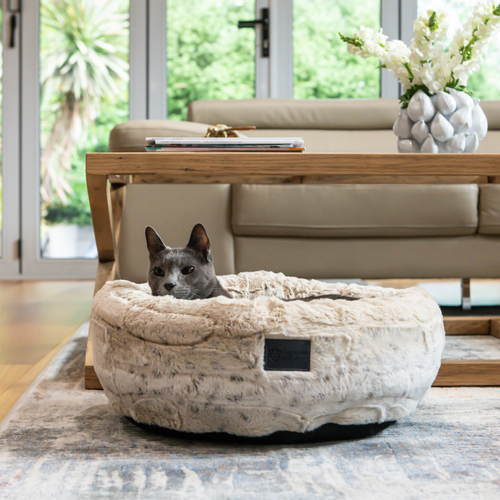 superior pet goods harley pet bed, lght brindle faux fur, australian made, cat in bed